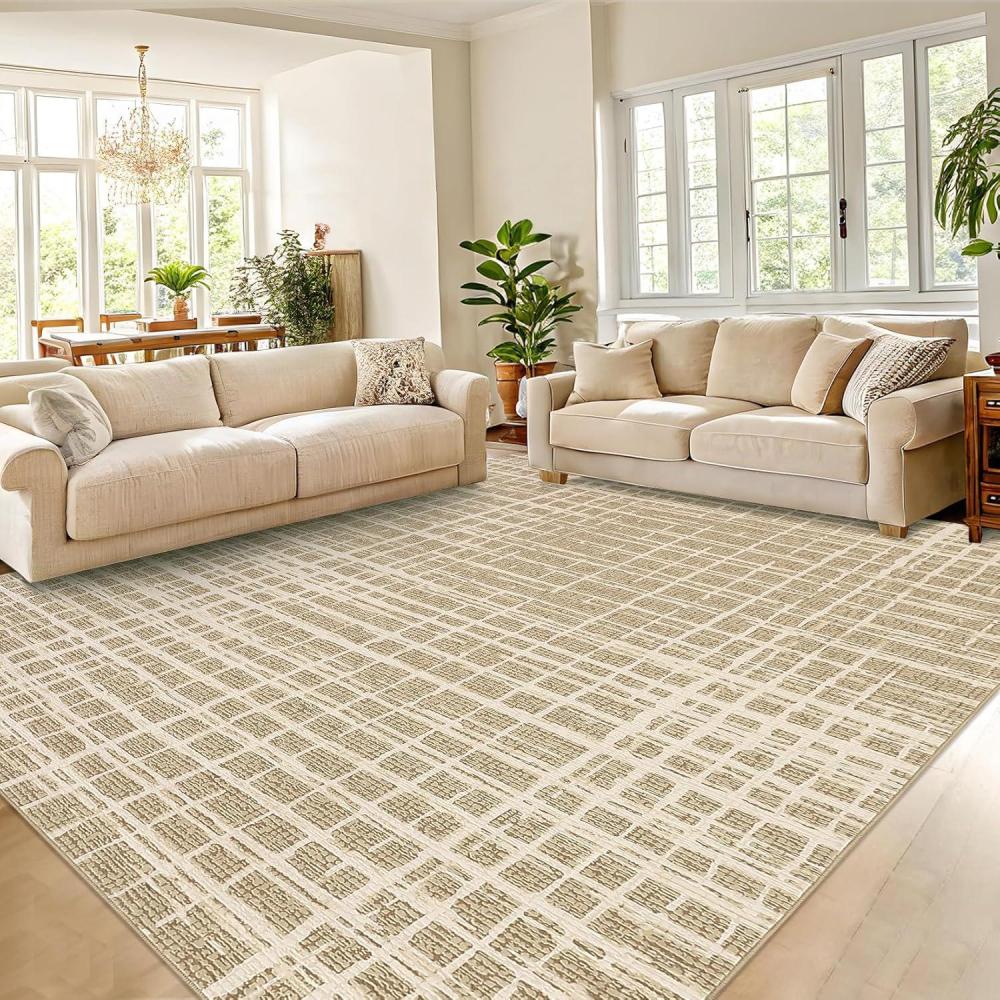 image:imageGarvee Modern Area Rug 8x10 Washable Rug for Living Room with Non Slip Backing Contemporary Neutral Striped Carpet Thin Foldable Low Pile Mat Soft Non Shedding Carpet for Bedroom Dining Room CamelModerncamel