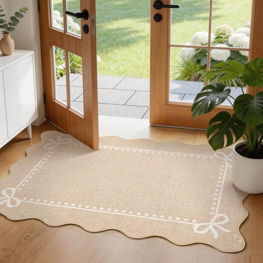 image:imageGarvee Scalloped Bow Rug 2x3 Soft Faux Wool Washable Area Rug for Kitchen Floor Non Slip Low Pile Entryway Rugs Nursery Bedroom Decor BeigeBeigebrown