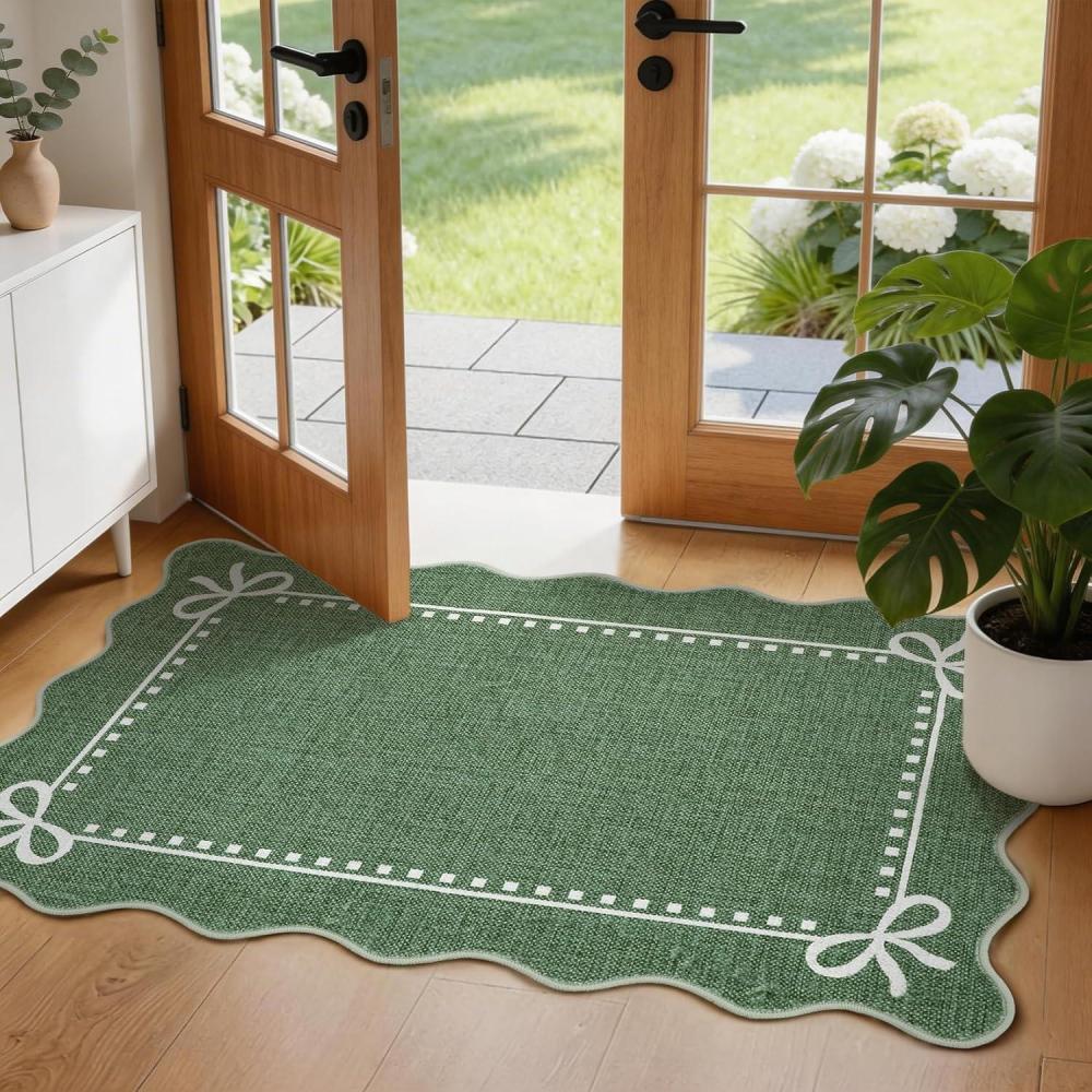 image:imageGarvee Scalloped Bow Rug 2x3 Soft Faux Wool Washable Area Rug for Kitchen Floor Non Slip Low Pile Entryway Rugs Nursery Bedroom Decor BeigeGreen