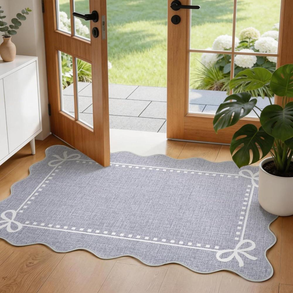 image:imageGarvee Scalloped Bow Rug 2x3 Soft Faux Wool Washable Area Rug for Kitchen Floor Non Slip Low Pile Entryway Rugs Nursery Bedroom Decor BeigeGreyblue