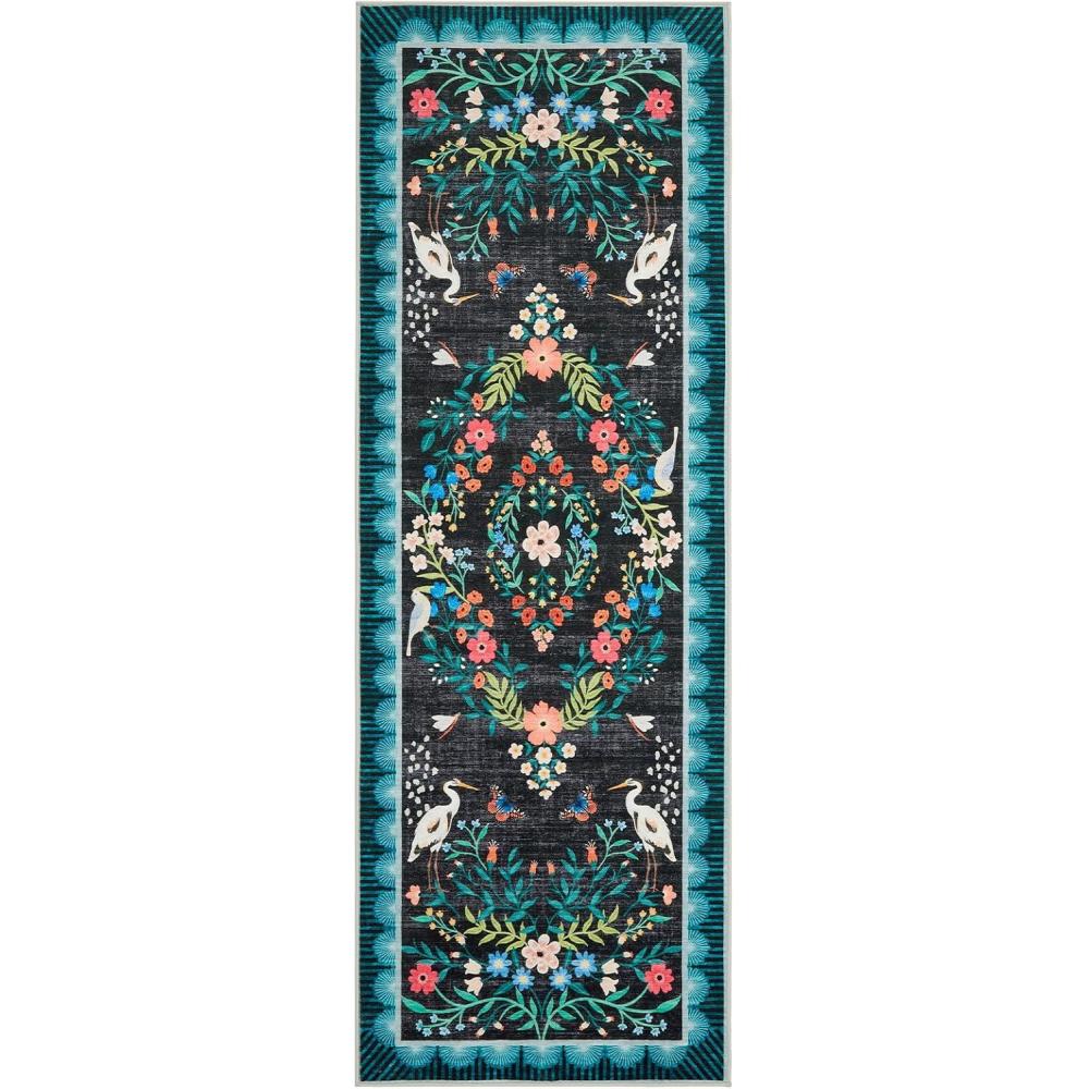 image:imageGarvee Vintage Floral Living Room Rugs 10x13 Soft Non Slip Area Rug for Bedroom Botanical Low Pile Large Dining Room Rugs Stain Resistant Ultra Thin Home Decor Rug for Office Apartment Blue TealOriental Floralblack