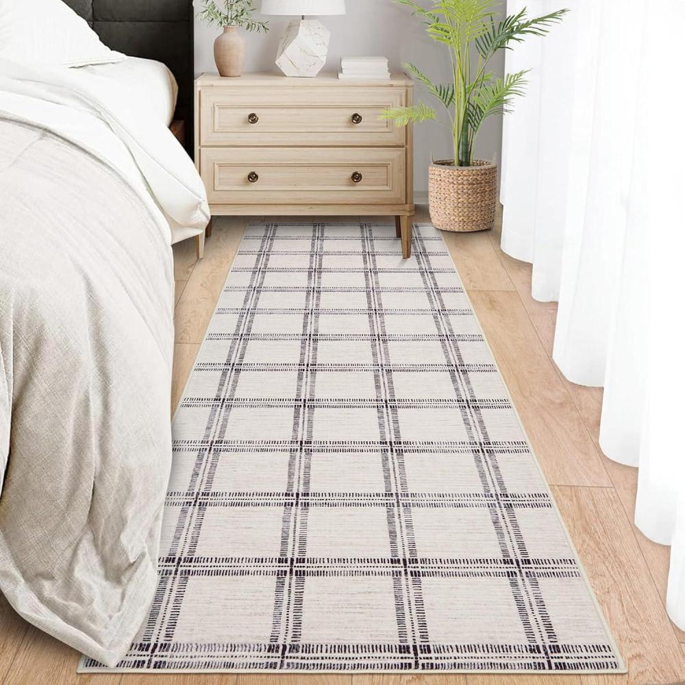 image:imageGarvee Washable Checkered 2x6 Kitchen Rugs Non Slip Plaid Hallway Runner Low Pile Stain Resistant Modern Geometric Throw Carpet for Entryway Laundry Bathroom Minimalist Bedside Rug BeigeGridbeige