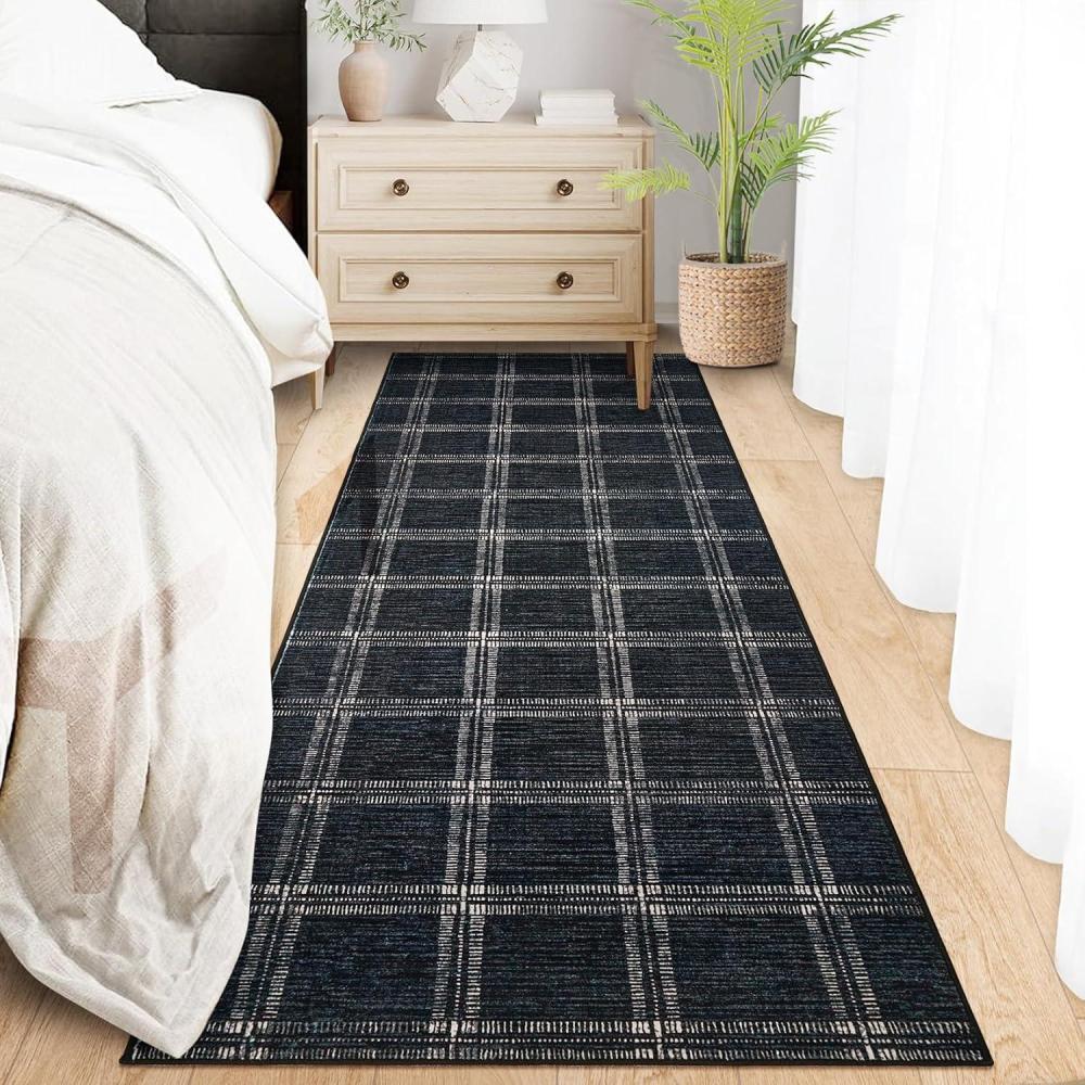 image:imageGarvee Washable Checkered 2x6 Kitchen Rugs Non Slip Plaid Hallway Runner Low Pile Stain Resistant Modern Geometric Throw Carpet for Entryway Laundry Bathroom Minimalist Bedside Rug BeigeGridblack