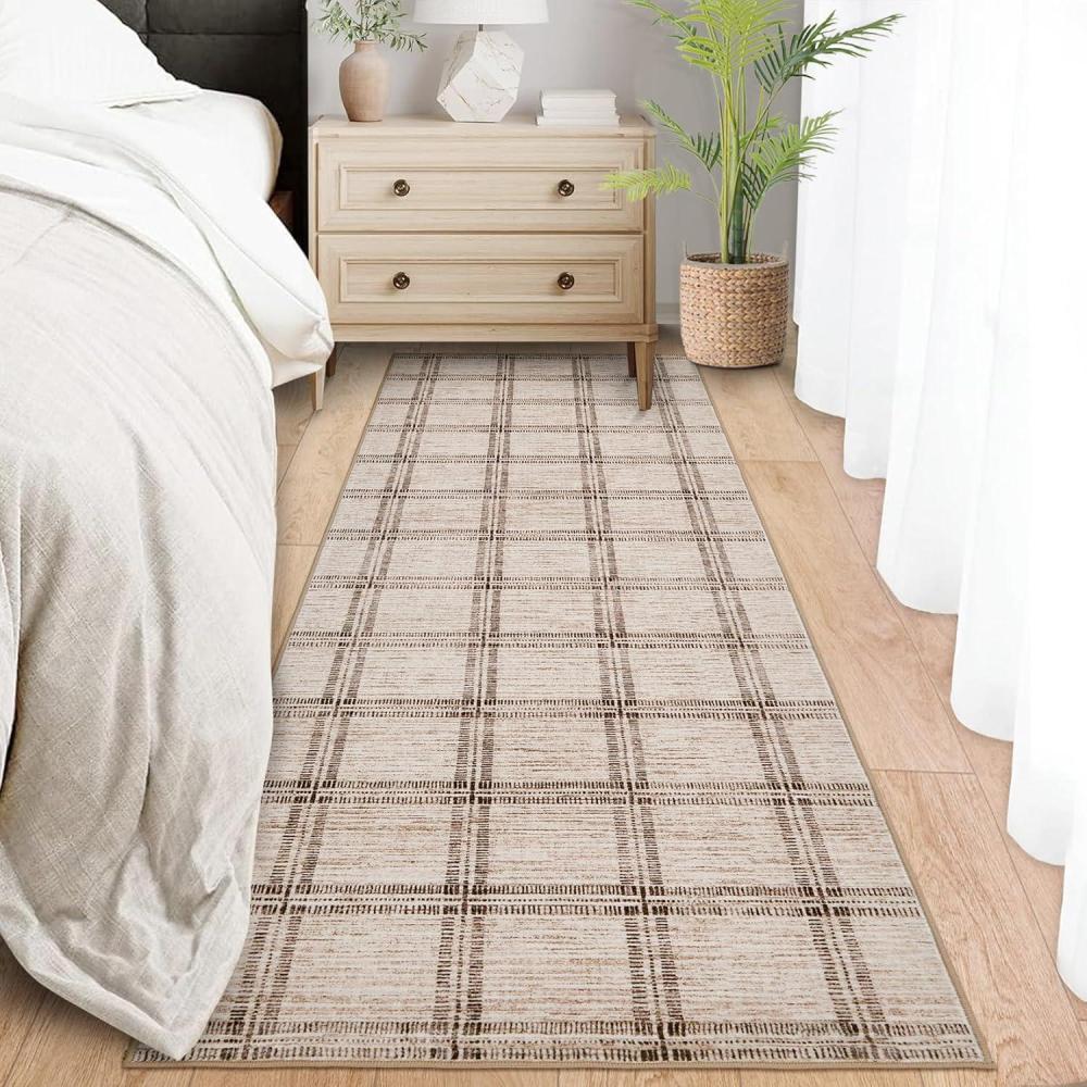 image:imageGarvee Washable Checkered 2x6 Kitchen Rugs Non Slip Plaid Hallway Runner Low Pile Stain Resistant Modern Geometric Throw Carpet for Entryway Laundry Bathroom Minimalist Bedside Rug BeigeGridtaupe