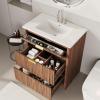 Garvee 24″ Fluted Bathroom Vanity with Sink, Farmhouse Freestanding Bathroom Sink Cabinet with 2 Drawers & 1 Flip-Down Drawer, Easy Assembly & Cleaning, Natural Oak(Walnut)