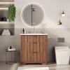 Garvee 24″ Fluted Bathroom Vanity with Sink, Farmhouse Freestanding Bathroom Sink Cabinet with 2 Drawers & 1 Flip-Down Drawer, Easy Assembly & Cleaning, Natural Oak(Walnut)