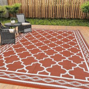 Garvee 10×14 Outdoor Rug Waterproof Reversible Patio Mat, Plastic Straw Rug for Patio,Large Outdoor Carpet for RV Camping, Balcony, Deck, Backyard, Easy Clean & Portable,Black/Grey(Brick Red/White)