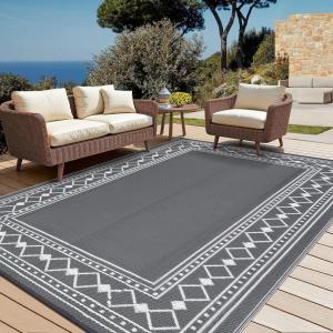 Garvee 10×14 Outdoor Rug Waterproof Reversible Patio Mat, Plastic Straw Rug for Patio,Large Outdoor Carpet for RV Camping, Balcony, Deck, Backyard, Easy Clean & Portable,Black/Grey(White/Grey)