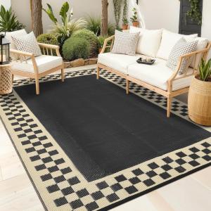 Garvee 10×14 Outdoor Rug Waterproof Reversible Patio Mat, Plastic Straw Rug for Patio,Large Outdoor Carpet for RV Camping, Balcony, Deck, Backyard, Easy Clean & Portable,Black/Grey(Black & Beige)