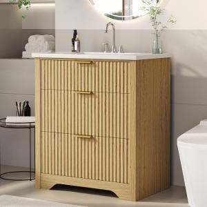 Garvee 24″ Fluted Bathroom Vanity with Sink, Farmhouse Freestanding Bathroom Sink Cabinet with 2 Drawers & 1 Flip-Down Drawer, Easy Assembly & Cleaning, Natural Oak(Natural Oak)