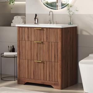 Garvee 24″ Fluted Bathroom Vanity with Sink, Farmhouse Freestanding Bathroom Sink Cabinet with 2 Drawers & 1 Flip-Down Drawer, Easy Assembly & Cleaning, Natural Oak(Walnut)