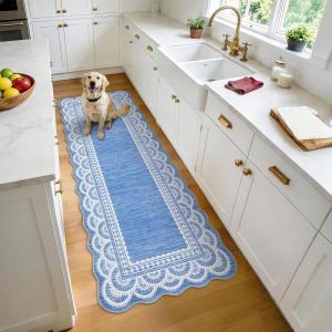 Garvee 2×6 Washable Scalloped Lace Runner Rug, Soft Non-Shedding Low Pile Rugs Runner for Hallway Entryway Living Room, Contemporary Elegant Carpet for College Playroom Kids Room, Beige(Scalloped Lace Blue)