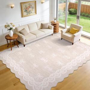 Garvee 2×6 Washable Scalloped Lace Runner Rug, Soft Non-Shedding Low Pile Rugs Runner for Hallway Entryway Living Room, Contemporary Elegant Carpet for College Playroom Kids Room, Beige(Bow Beige)