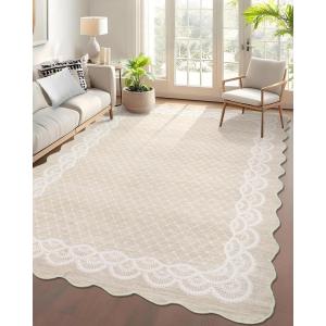 Garvee 2×6 Washable Scalloped Lace Runner Rug, Soft Non-Shedding Low Pile Rugs Runner for Hallway Entryway Living Room, Contemporary Elegant Carpet for College Playroom Kids Room, Beige(Lace Beige)