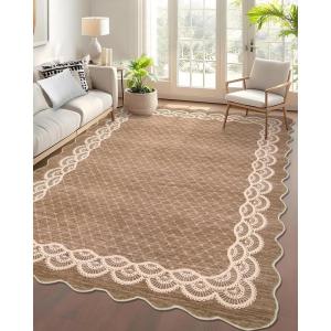 Garvee 2×6 Washable Scalloped Lace Runner Rug, Soft Non-Shedding Low Pile Rugs Runner for Hallway Entryway Living Room, Contemporary Elegant Carpet for College Playroom Kids Room, Beige(Lace Camel)