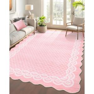 Garvee 2×6 Washable Scalloped Lace Runner Rug, Soft Non-Shedding Low Pile Rugs Runner for Hallway Entryway Living Room, Contemporary Elegant Carpet for College Playroom Kids Room, Beige(Lace Pink)