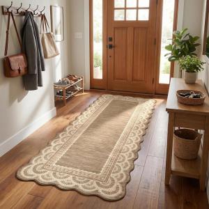 Garvee 2×6 Washable Scalloped Lace Runner Rug, Soft Non-Shedding Low Pile Rugs Runner for Hallway Entryway Living Room, Contemporary Elegant Carpet for College Playroom Kids Room, Beige(Scalloped Lace Brown)