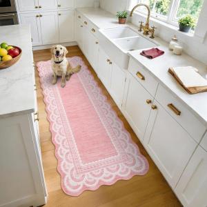 Garvee 2×6 Washable Scalloped Lace Runner Rug, Soft Non-Shedding Low Pile Rugs Runner for Hallway Entryway Living Room, Contemporary Elegant Carpet for College Playroom Kids Room, Beige(Scalloped Lace Pink)