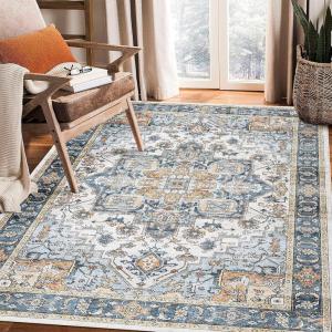Garvee 8×10 ft Large Washable Area Rugs for Living Room – Non-Slip Low Pile Boho Vintage Carpet for Bedroom, Office, Dining Room & Kitchen – Machine Washable Throw Rug, Home Decor(Blue)(Teal)