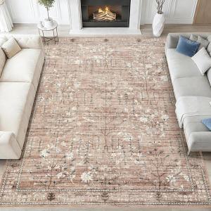 Garvee 9×12 Area Rug for Living Room, Vintage Retro Boho Rug, Washable Non Slip & Low Pile Carpet for Living Room, Bedroom, Dining Room, Green(Brown)