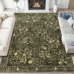 Garvee 9×12 Area Rug for Living Room, Vintage Retro Boho Rug, Washable Non Slip & Low Pile Carpet for Living Room, Bedroom, Dining Room, Green(Green)