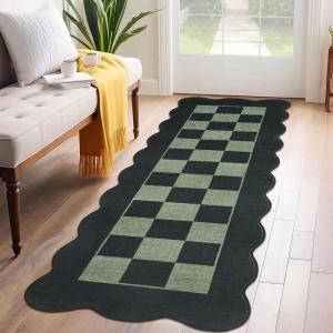 Garvee Large Area Rug 9×12 Washable Scalloped Living Room Rug Non Slip, Modern Checkered Carpet, Soft Non Shedding Floor Covering, Indoor Low Pile Stain Resistant Mat for Bedroom, Mousse(Scalloped Checkered|black & Green)