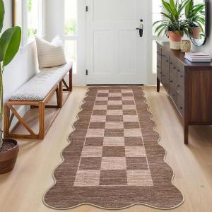 Garvee Large Area Rug 9×12 Washable Scalloped Living Room Rug Non Slip, Modern Checkered Carpet, Soft Non Shedding Floor Covering, Indoor Low Pile Stain Resistant Mat for Bedroom, Mousse(Scalloped Checkered|mousse)