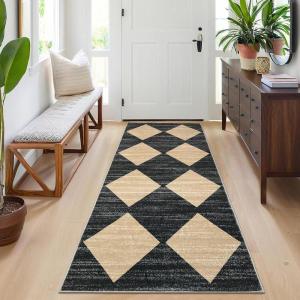 Garvee Large Area Rug 9×12 Washable Scalloped Living Room Rug Non Slip, Modern Checkered Carpet, Soft Non Shedding Floor Covering, Indoor Low Pile Stain Resistant Mat for Bedroom, Mousse(Checkered|black & Brown)