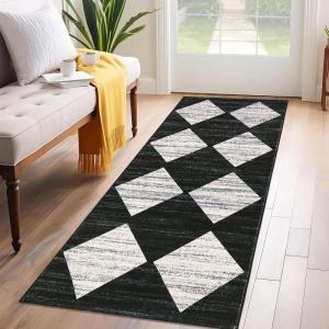 Garvee Large Area Rug 9×12 Washable Scalloped Living Room Rug Non Slip, Modern Checkered Carpet, Soft Non Shedding Floor Covering, Indoor Low Pile Stain Resistant Mat for Bedroom, Mousse(Checkered|black & White)
