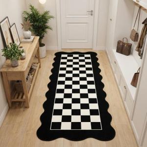 Garvee Large Area Rug 9×12 Washable Scalloped Living Room Rug Non Slip, Modern Checkered Carpet, Soft Non Shedding Floor Covering, Indoor Low Pile Stain Resistant Mat for Bedroom, Mousse(Scalloped Checkered|black & White)