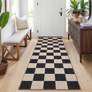 Garvee Large Area Rug 9×12 Washable Scalloped Living Room Rug Non Slip, Modern Checkered Carpet, Soft Non Shedding Floor Covering, Indoor Low Pile Stain Resistant Mat for Bedroom, Mousse(Textured|black)