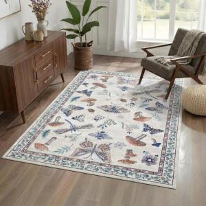 Garvee Large Washable Area Rug 10 x 13 for Living Room, Non-Slip Soft Modern Floral Rug Low Pile Farmhouse Floral Carpet Non-Shedding Foldable Printed Rugs for Bedroom Dining Room, Green(Mushroom | Beige)