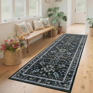 Garvee Large Washable Area Rug 10 x 13 for Living Room, Non-Slip Soft Modern Floral Rug Low Pile Farmhouse Floral Carpet Non-Shedding Foldable Printed Rugs for Bedroom Dining Room, Green(Floral 2 | Black Multi)