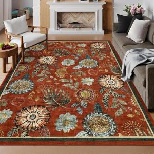 Garvee Large Washable Area Rug 10 x 13 for Living Room, Non-Slip Soft Modern Floral Rug Low Pile Farmhouse Floral Carpet Non-Shedding Foldable Printed Rugs for Bedroom Dining Room, Green(Floral | Brick Red)