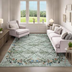 Garvee Large Washable Area Rug 10 x 13 for Living Room, Non-Slip Soft Modern Floral Rug Low Pile Farmhouse Floral Carpet Non-Shedding Foldable Printed Rugs for Bedroom Dining Room, Green(Floral Vines| Green)