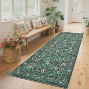 Garvee Large Washable Area Rug 10 x 13 for Living Room, Non-Slip Soft Modern Floral Rug Low Pile Farmhouse Floral Carpet Non-Shedding Foldable Printed Rugs for Bedroom Dining Room, Green(Floral3 | Dark Green)