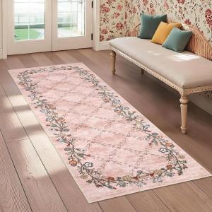 Garvee Large Washable Area Rug 10 x 13 for Living Room, Non-Slip Soft Modern Floral Rug Low Pile Farmhouse Floral Carpet Non-Shedding Foldable Printed Rugs for Bedroom Dining Room, Green(Floral Vines| Pink)