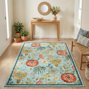 Garvee Large Washable Area Rug 10 x 13 for Living Room, Non-Slip Soft Modern Floral Rug Low Pile Farmhouse Floral Carpet Non-Shedding Foldable Printed Rugs for Bedroom Dining Room, Green(Floral | Blue)