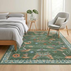 Garvee Large Washable Area Rug 10 x 13 for Living Room, Non-Slip Soft Modern Floral Rug Low Pile Farmhouse Floral Carpet Non-Shedding Foldable Printed Rugs for Bedroom Dining Room, Green(Mushroom | Green)