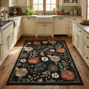 Garvee Large Washable Area Rug 10 x 13 for Living Room, Non-Slip Soft Modern Floral Rug Low Pile Farmhouse Floral Carpet Non-Shedding Foldable Printed Rugs for Bedroom Dining Room, Green(Floral | Black)