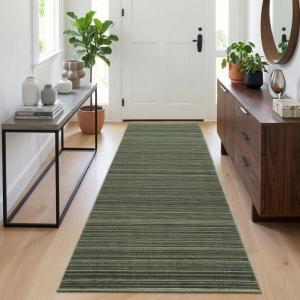 Garvee Large Washable Area Rug 10 x 13 for Living Room, Non-Slip Soft Modern Floral Rug Low Pile Farmhouse Floral Carpet Non-Shedding Foldable Printed Rugs for Bedroom Dining Room, Green(Striped|green)