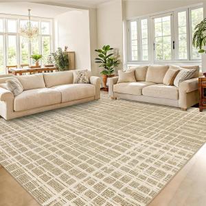 Garvee Modern Area Rug 8×10 Washable Rug for Living Room with Non Slip Backing, Contemporary Neutral Striped Carpet Thin Foldable Low Pile Mat Soft Non Shedding Carpet for Bedroom Dining Room, Camel(Modern|camel)
