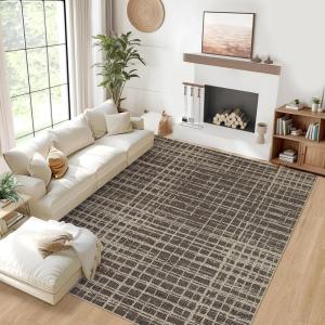 Garvee Modern Area Rug 8×10 Washable Rug for Living Room with Non Slip Backing, Contemporary Neutral Striped Carpet Thin Foldable Low Pile Mat Soft Non Shedding Carpet for Bedroom Dining Room, Camel(Modern|brown)