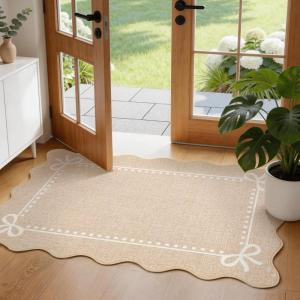 Garvee Scalloped Bow Rug 2×3, Soft Faux Wool Washable Area Rug for Kitchen Floor, Non Slip Low Pile Entryway Rugs, Nursery Bedroom Decor, Beige(Beigebrown)