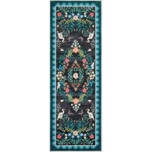 Garvee Vintage Floral Living Room Rugs 10×13, Soft Non Slip Area Rug for Bedroom, Botanical Low Pile Large Dining Room Rugs Stain Resistant Ultra Thin Home Decor Rug for Office Apartment, Blue Teal(Oriental Floral|black)