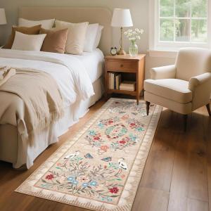 Garvee Vintage Floral Living Room Rugs 10×13, Soft Non Slip Area Rug for Bedroom, Botanical Low Pile Large Dining Room Rugs Stain Resistant Ultra Thin Home Decor Rug for Office Apartment, Blue Teal(Oriental Floral|taupe)