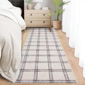 Garvee Washable Checkered 2×6 Kitchen Rugs, Non Slip Plaid Hallway Runner, Low Pile Stain Resistant Modern Geometric Throw Carpet for Entryway Laundry Bathroom, Minimalist Bedside Rug, Beige(Grid|beige)