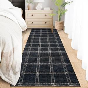 Garvee Washable Checkered 2×6 Kitchen Rugs, Non Slip Plaid Hallway Runner, Low Pile Stain Resistant Modern Geometric Throw Carpet for Entryway Laundry Bathroom, Minimalist Bedside Rug, Beige(Grid|black)