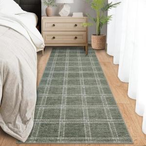 Garvee Washable Checkered 2×6 Kitchen Rugs, Non Slip Plaid Hallway Runner, Low Pile Stain Resistant Modern Geometric Throw Carpet for Entryway Laundry Bathroom, Minimalist Bedside Rug, Beige(Grid|green)