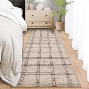 Garvee Washable Checkered 2×6 Kitchen Rugs, Non Slip Plaid Hallway Runner, Low Pile Stain Resistant Modern Geometric Throw Carpet for Entryway Laundry Bathroom, Minimalist Bedside Rug, Beige(Grid|taupe)